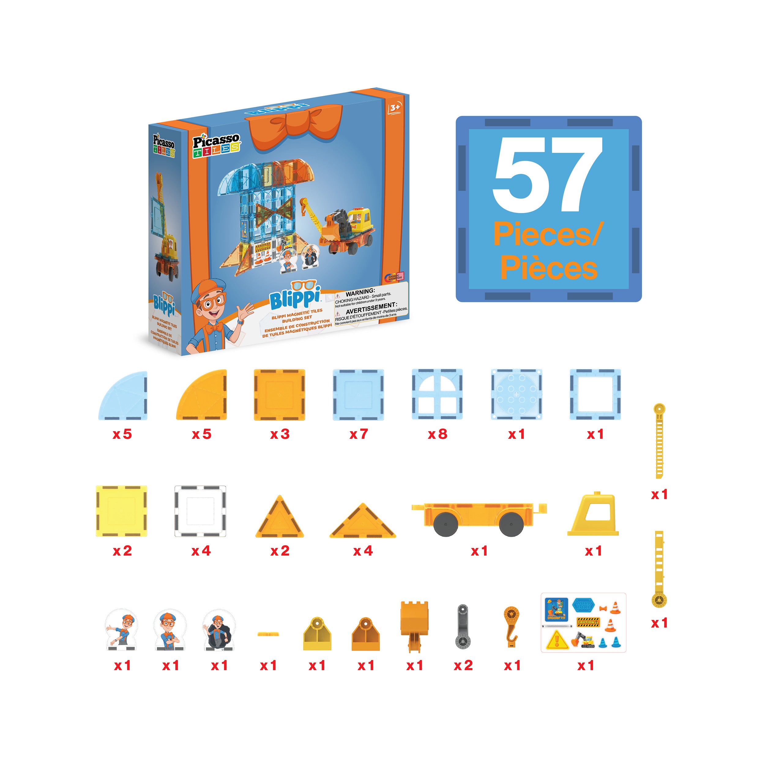 PicassoTiles Blippi 57-piece construction set parts breakdown chart with product box isolated on white.