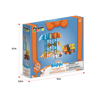 PicassoTiles Blippi construction set box with product dimensions (9.1 in x 10 in x 2.8 in) 