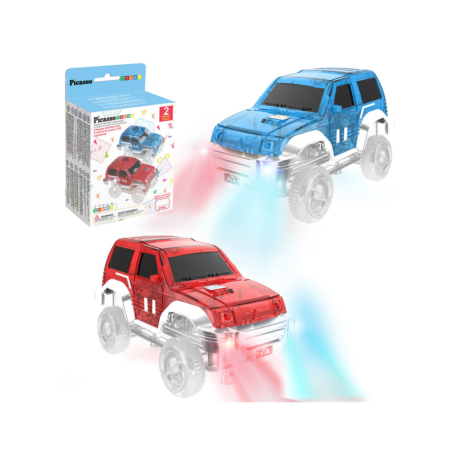 Red and blue LED race track cars with clear wheels