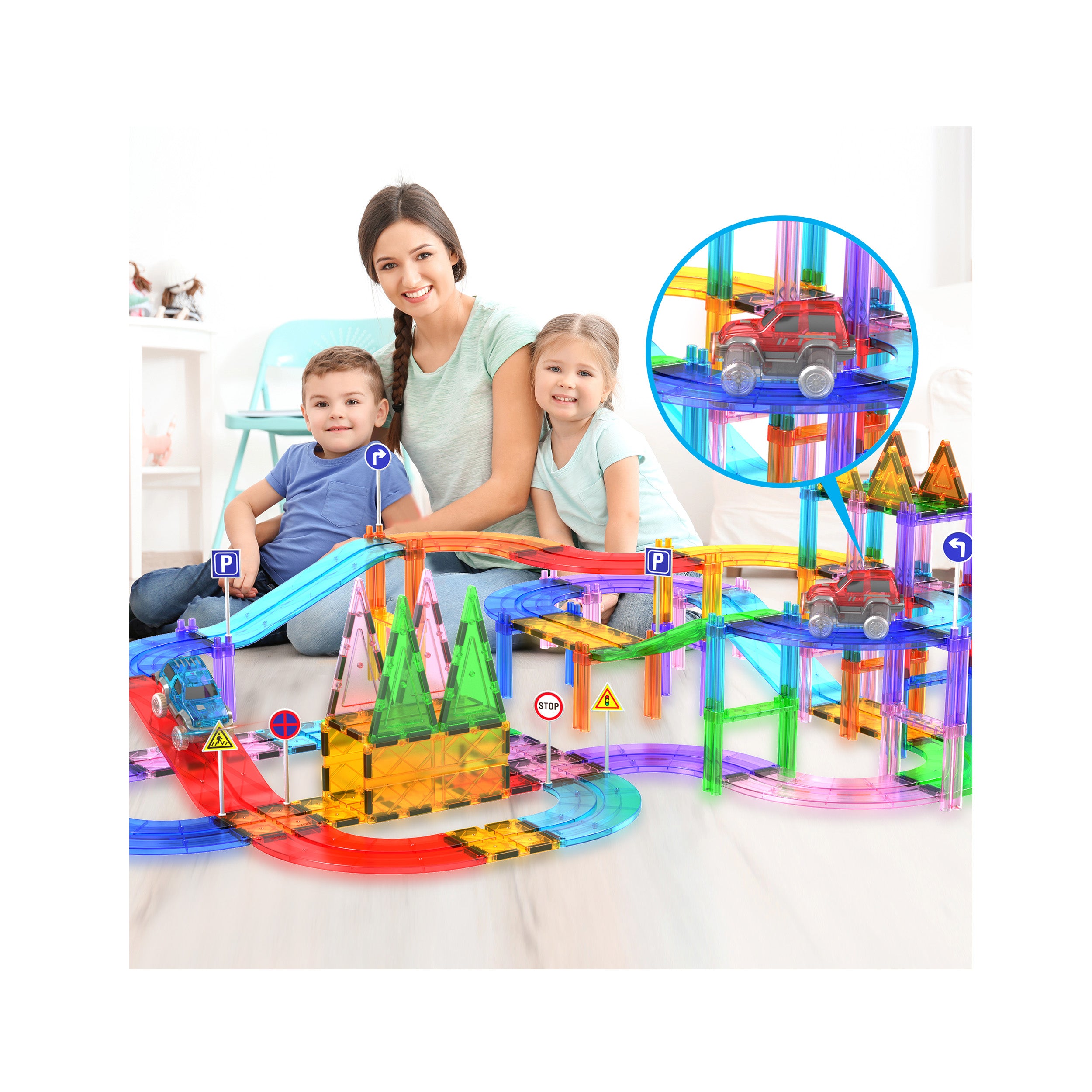 PicassoTiles 2 Pack Magnetic Tile Race Track Cars