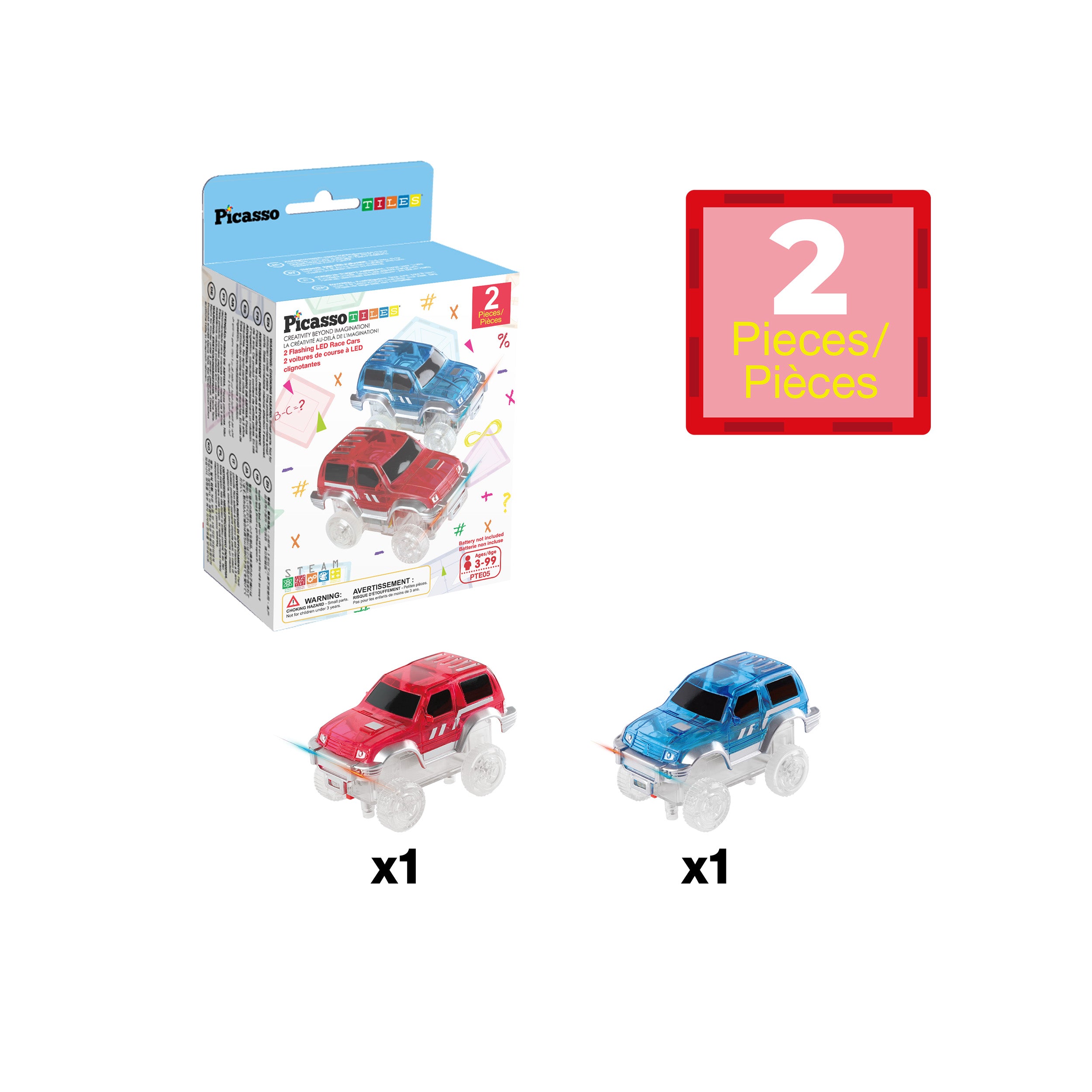 PicassoTiles 2 Pack Magnetic Tile Race Track Cars