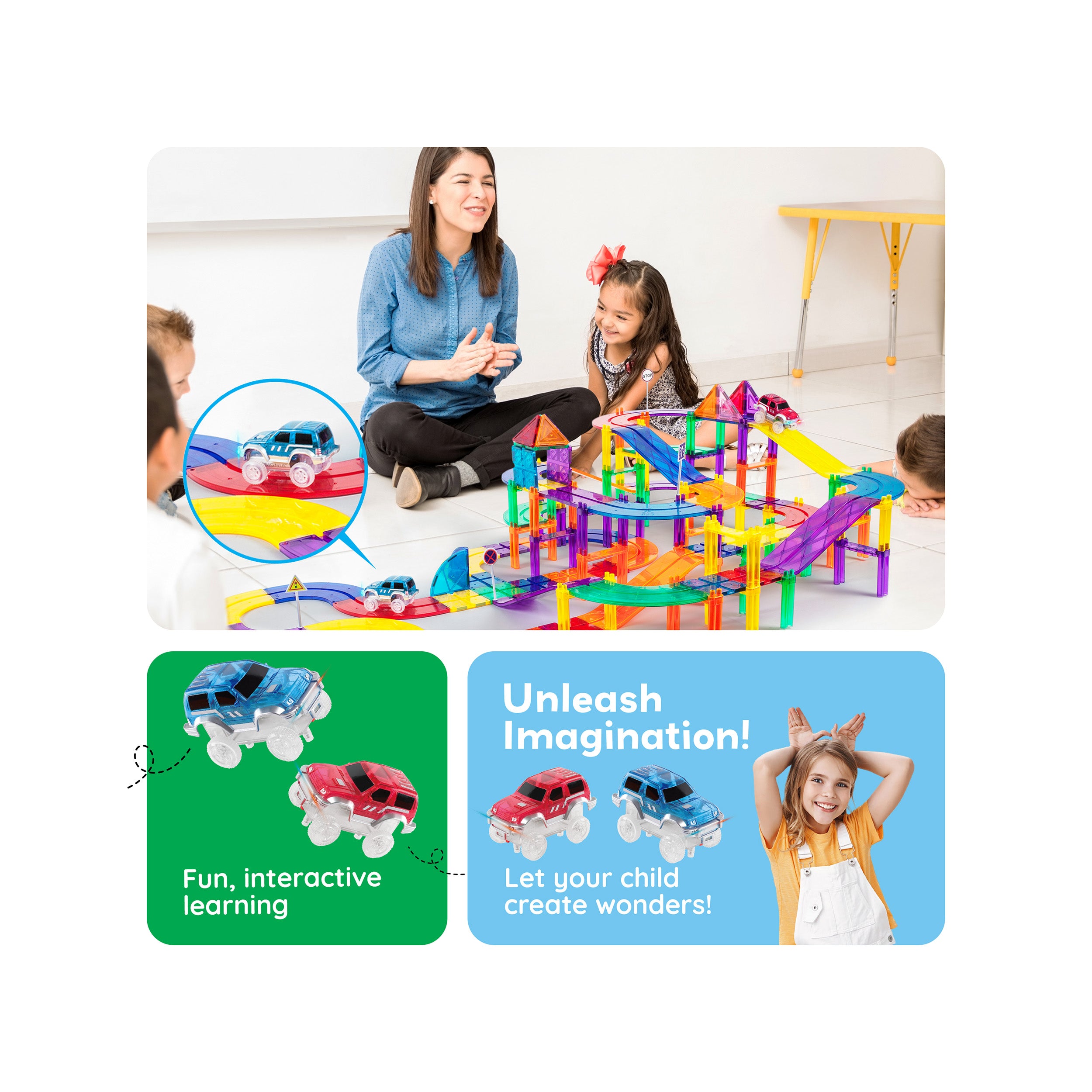 PicassoTiles 2 Pack Magnetic Tile Race Track Cars