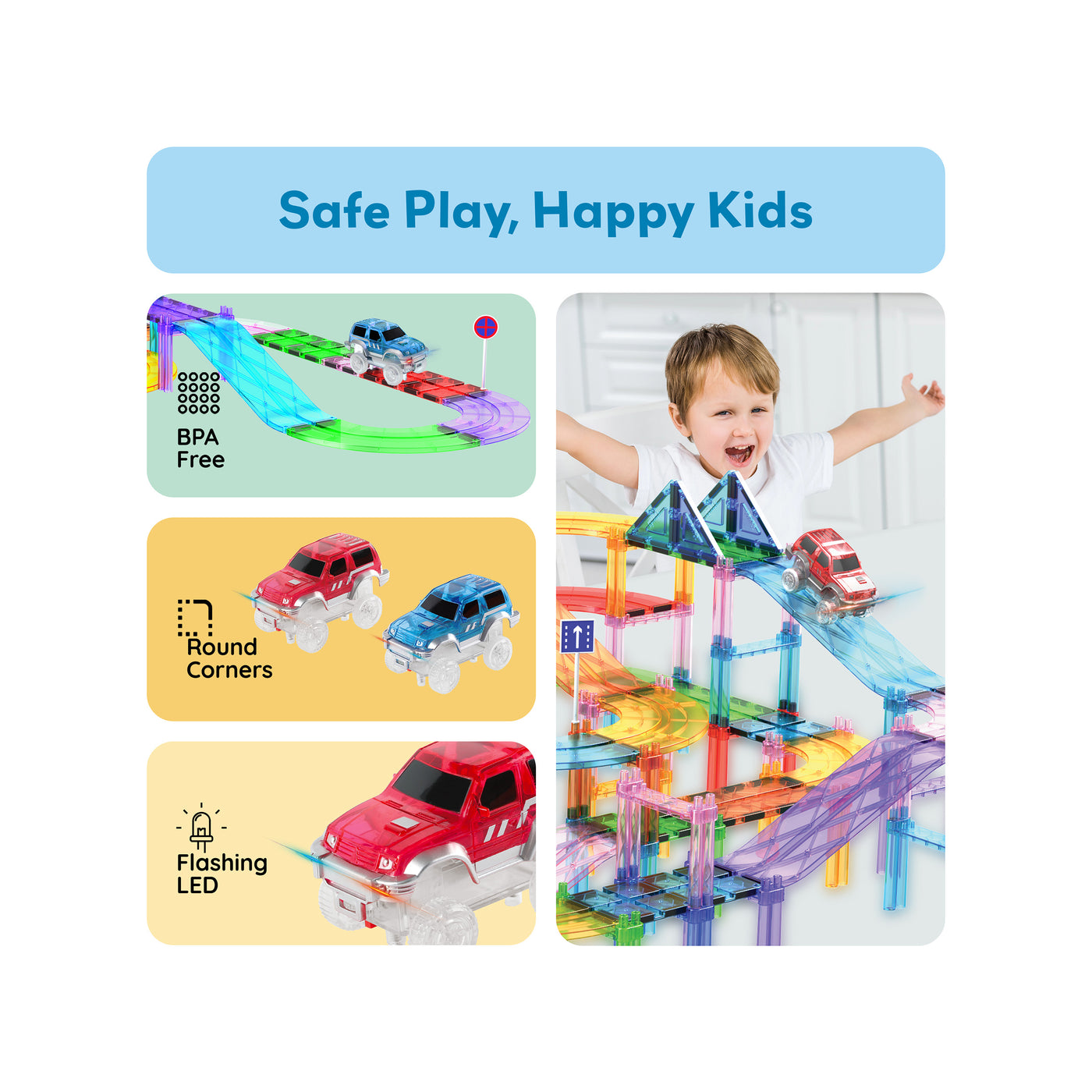 PicassoTiles 2 Pack Magnetic Tile Race Track Cars