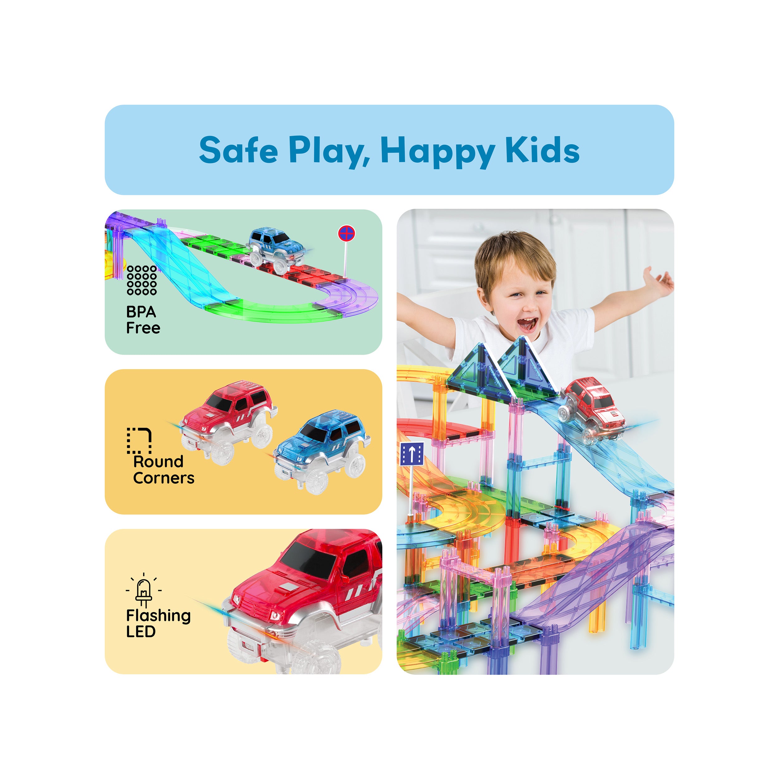 PicassoTiles 2 Pack Magnetic Tile Race Track Cars