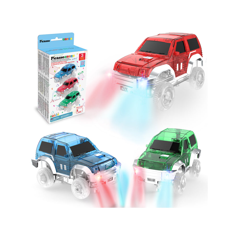 Three colorful LED race cars aligned on a magnetic track, ready for action