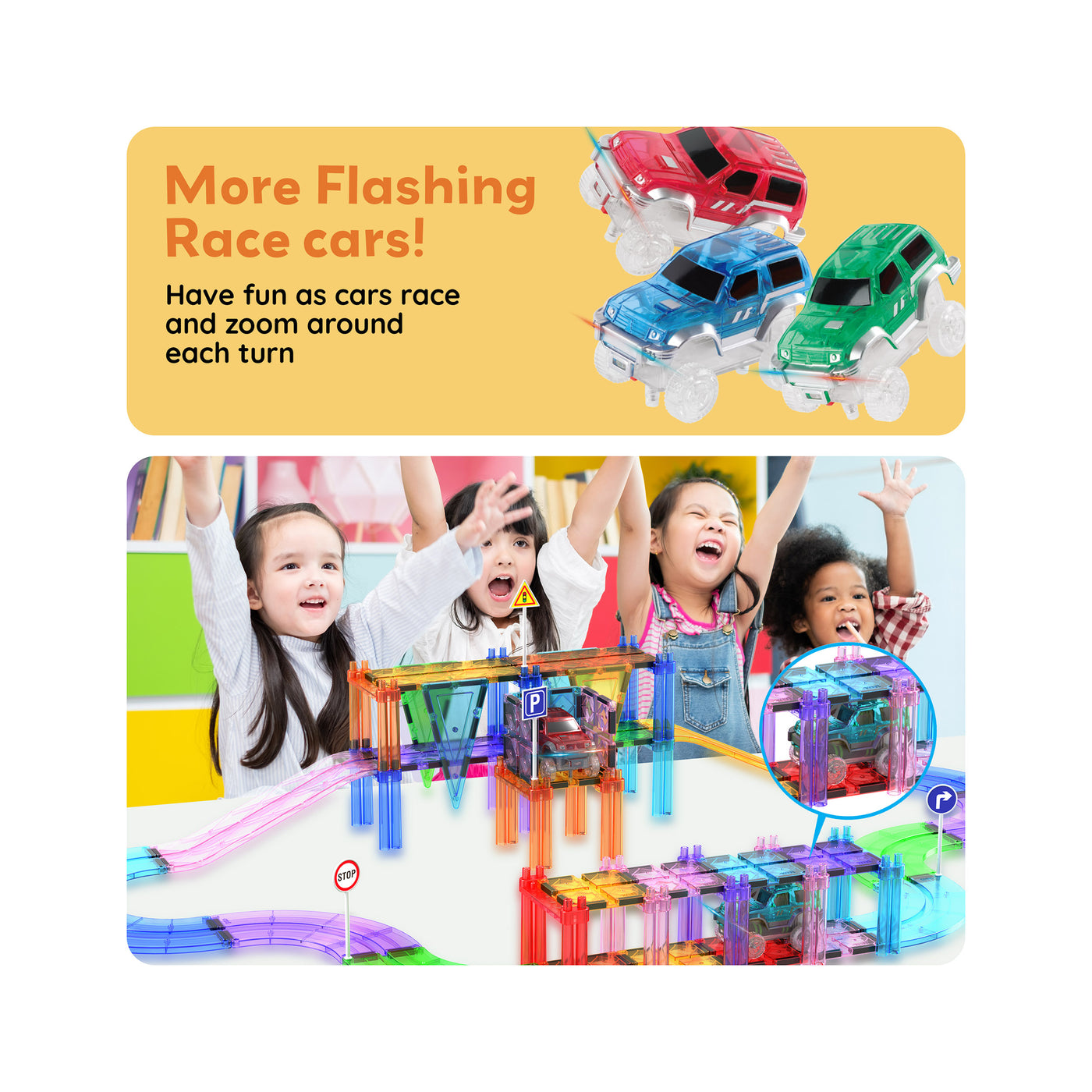 PicassoTiles 3 Pack LED Race Cars Expansion Set