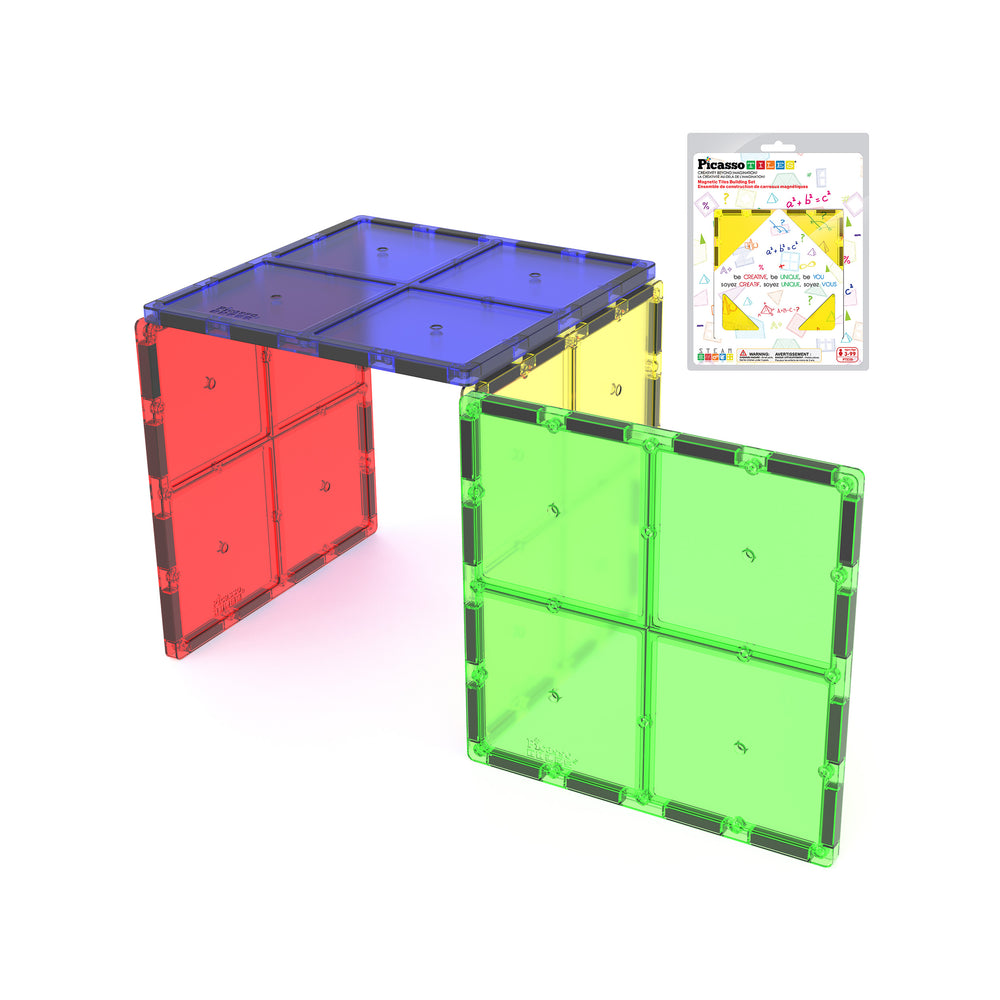 Colorful magnetic tiles assembled into a structure next to PicassoTiles product packaging.