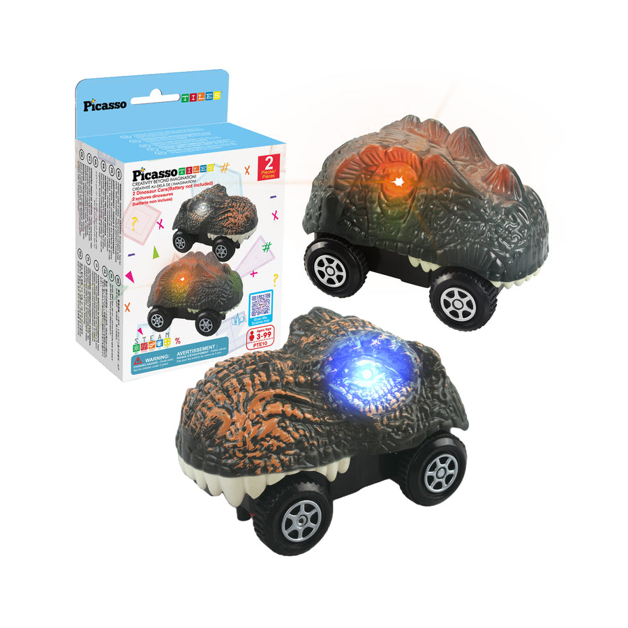 PicassoTiles Dinosaur Race Car 2pk w/ Light Up Eyes