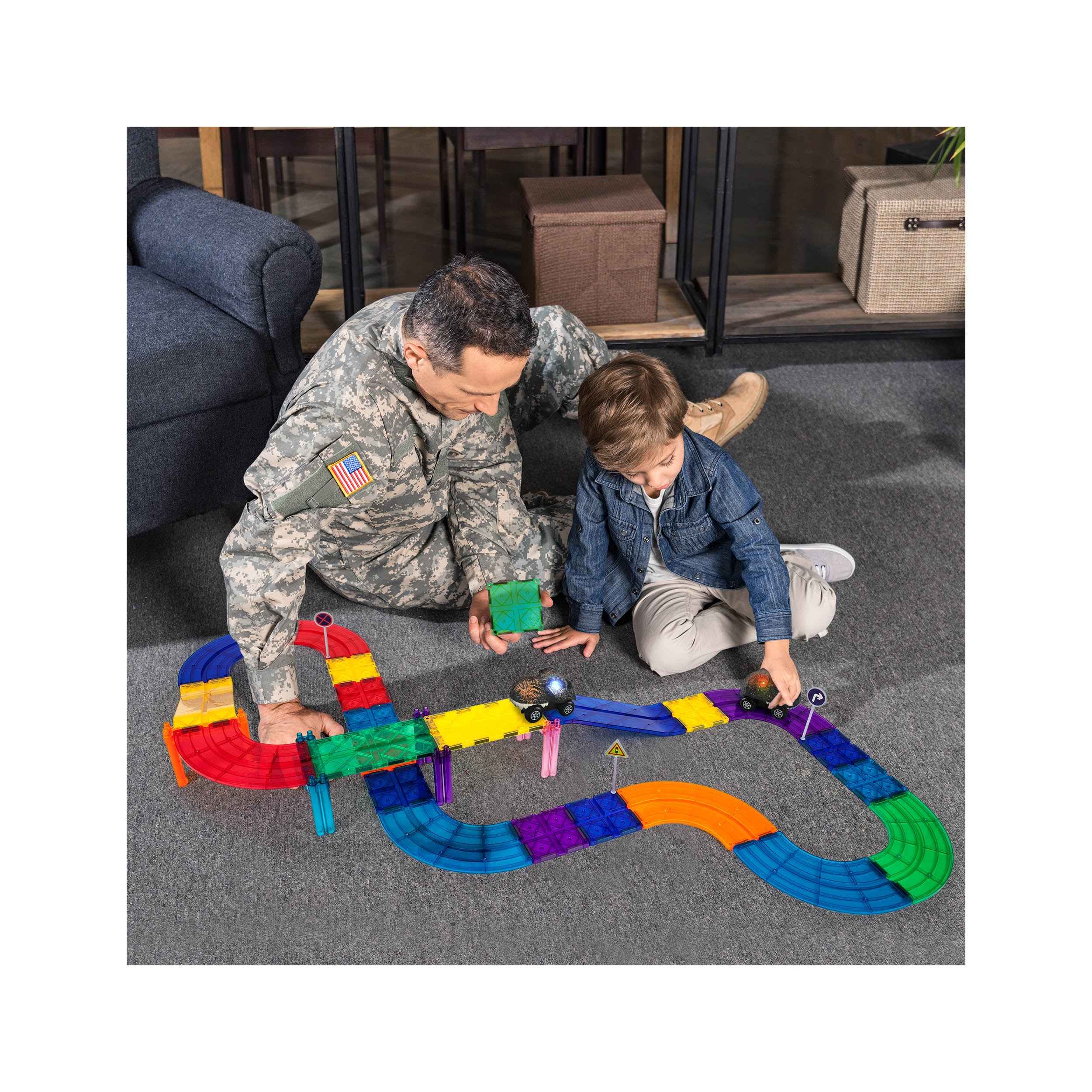 PicassoTiles Dinosaur Race Car 2pk w/ Light Up Eyes