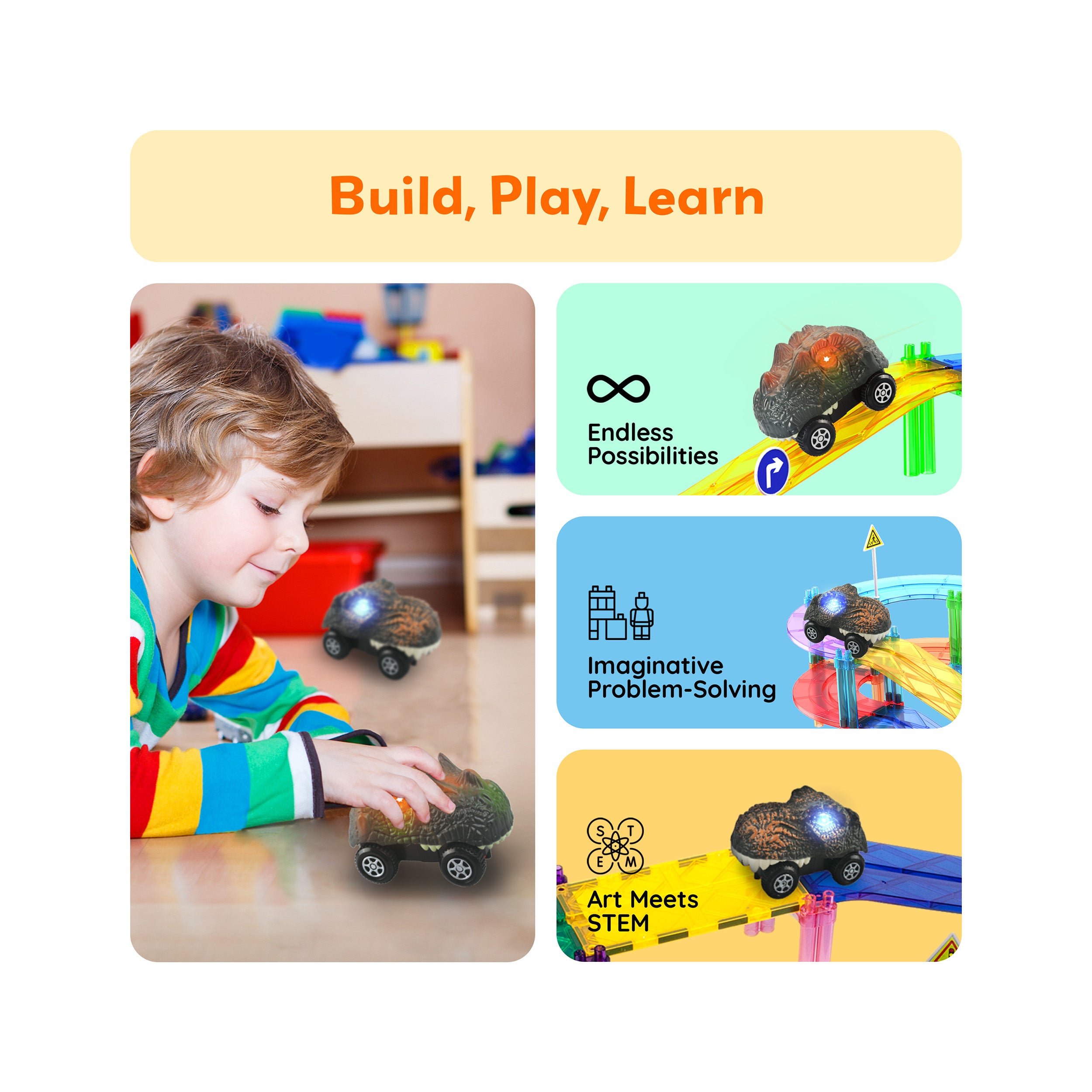 PicassoTiles Dinosaur Race Car 2pk w/ Light Up Eyes