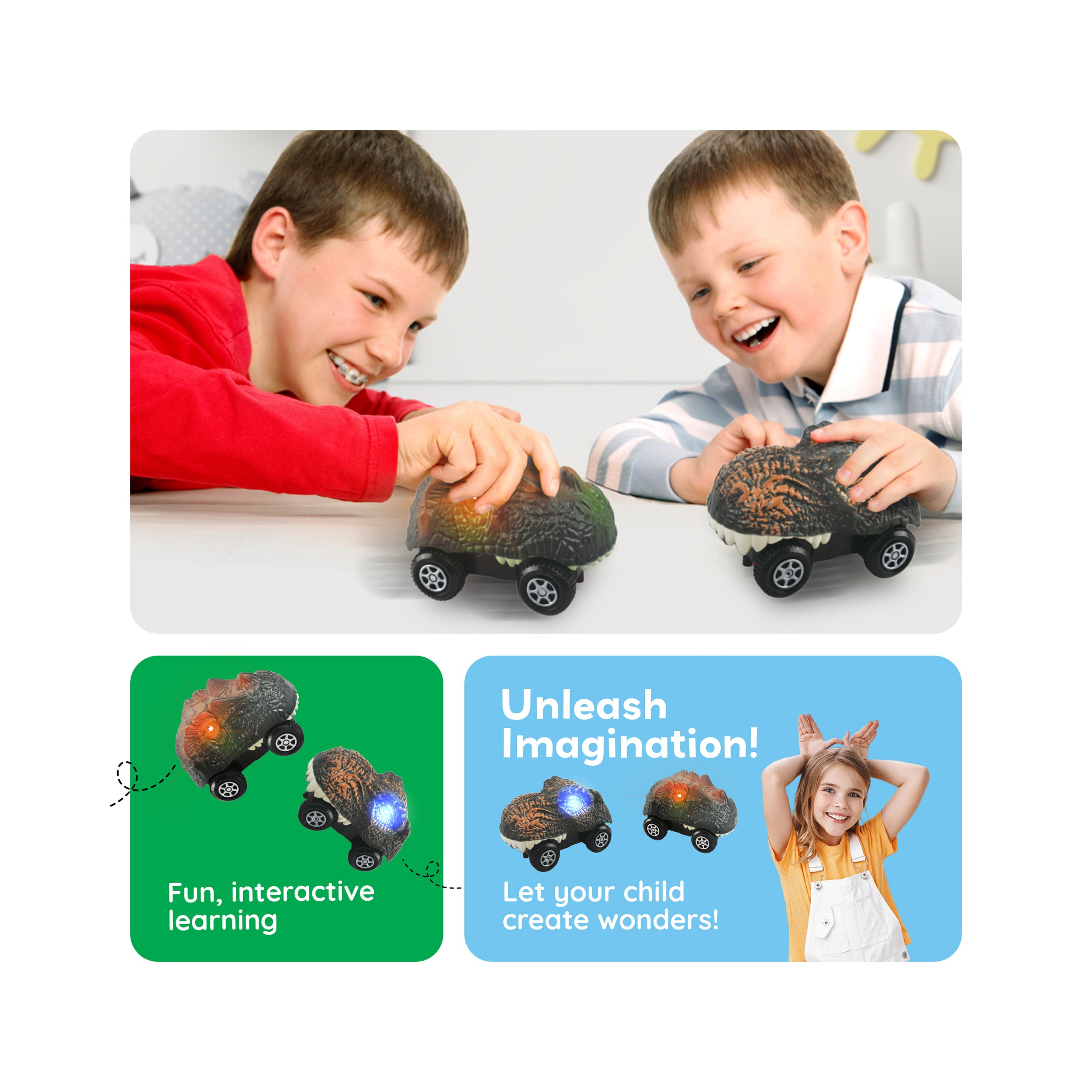 PicassoTiles Dinosaur Race Car 2pk w/ Light Up Eyes