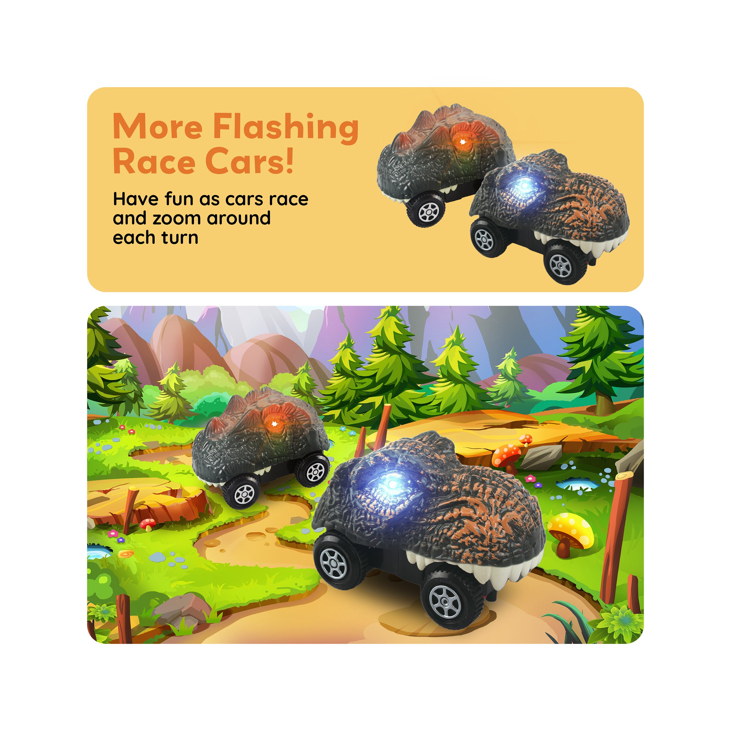 PicassoTiles Dinosaur Race Car 2pk w/ Light Up Eyes