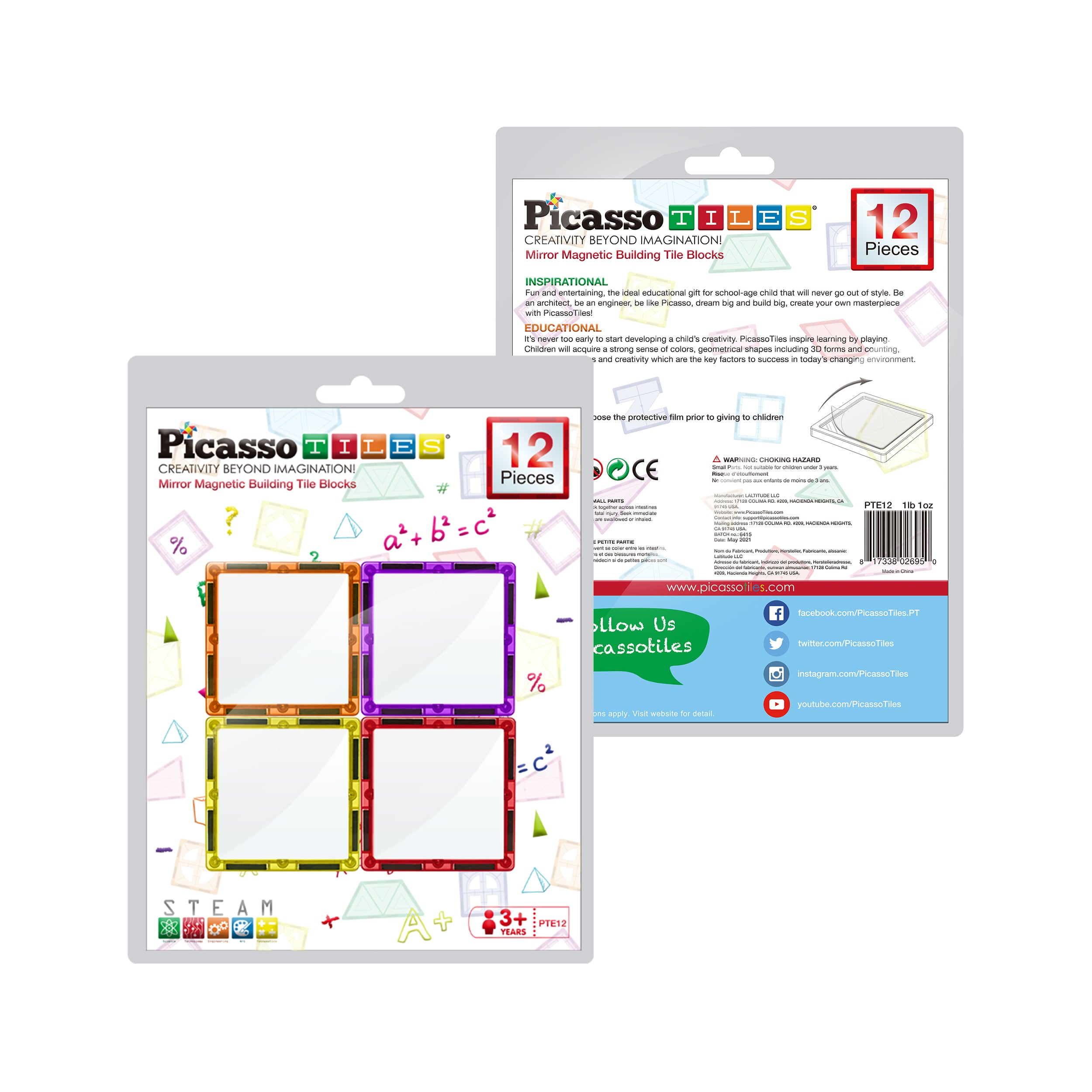 PicassoTiles 12 Piece Magnetic Tile Mirror Building Set