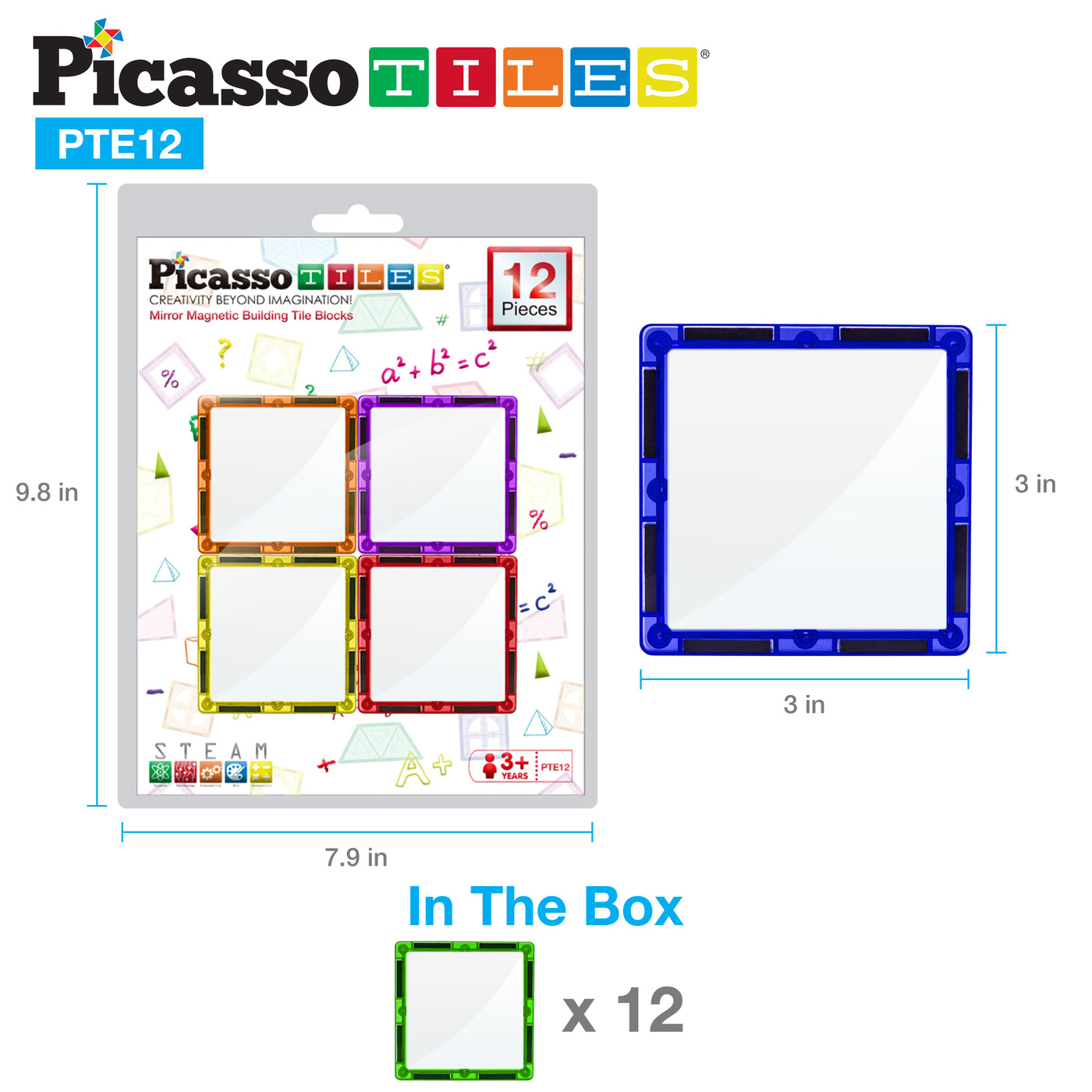 PicassoTiles 12 Piece Magnetic Tile Mirror Building Set