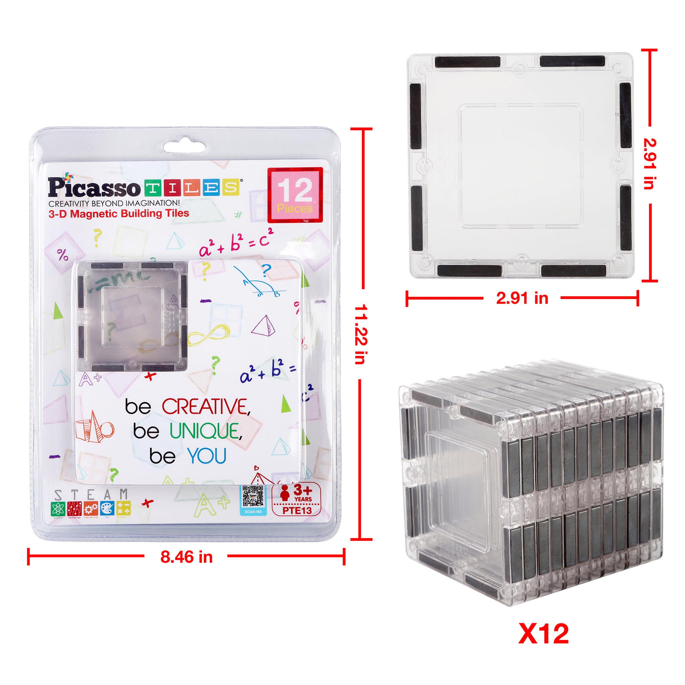 PicassoTiles 12 Piece Clear Transparent Magnetic Building Tiles