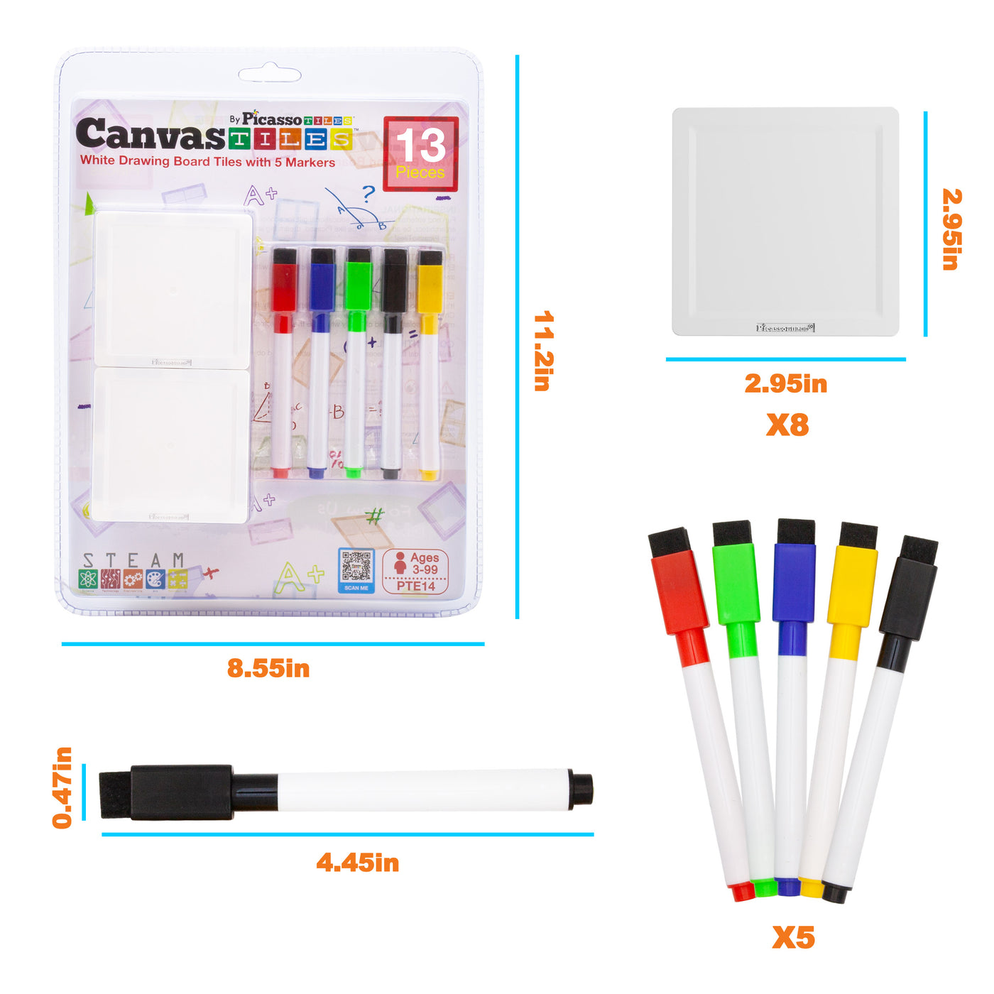 PicassoTiles Magnetic Whiteboard Tiles with Erasable Markers - 13 Pieces