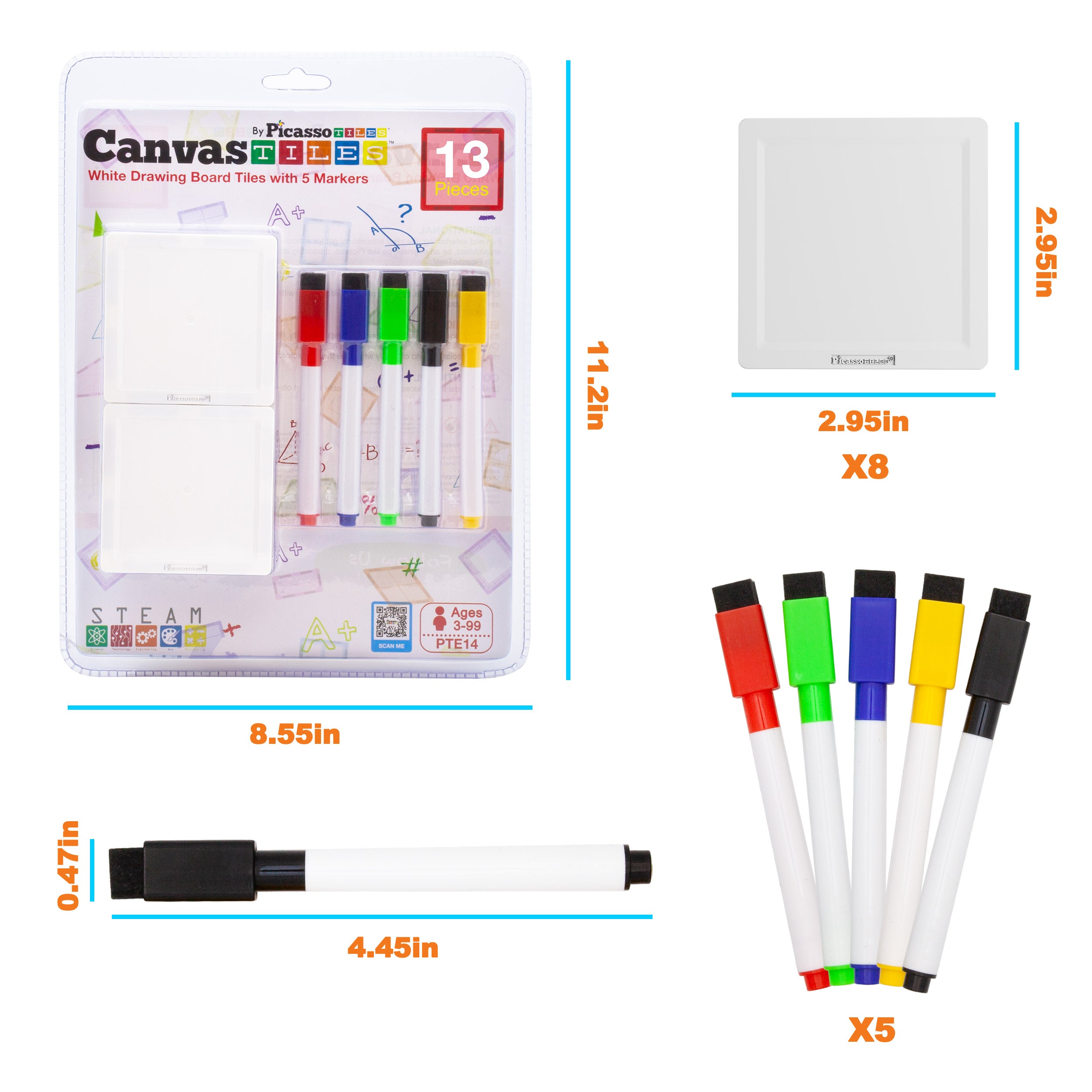PicassoTiles Magnetic Whiteboard Tiles with Erasable Markers - 13 Pieces