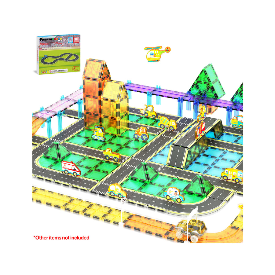 PicassoTiles Magnetic Tile Race Car Track Speed Way Building Set