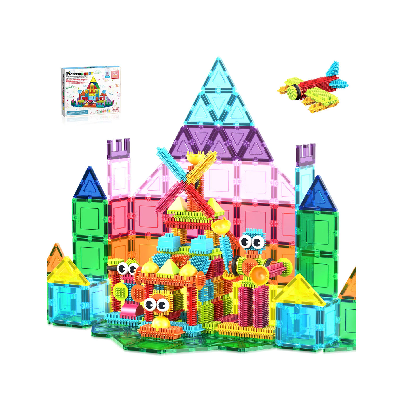 PicassoTiles Magnetic Tiles and Soft Hedgehog Building Block Set - 75 Pieces