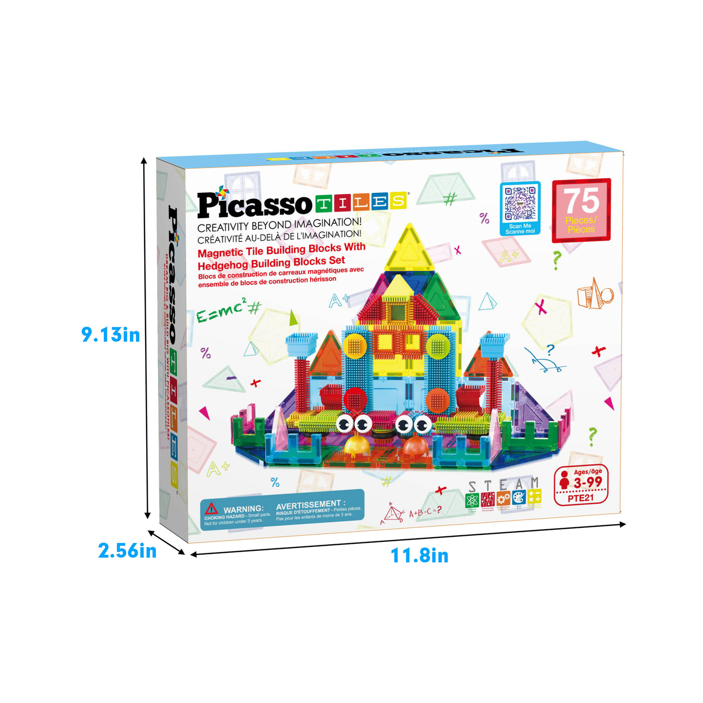PicassoTiles Magnetic Tiles and Soft Hedgehog Building Block Set - 75 Pieces