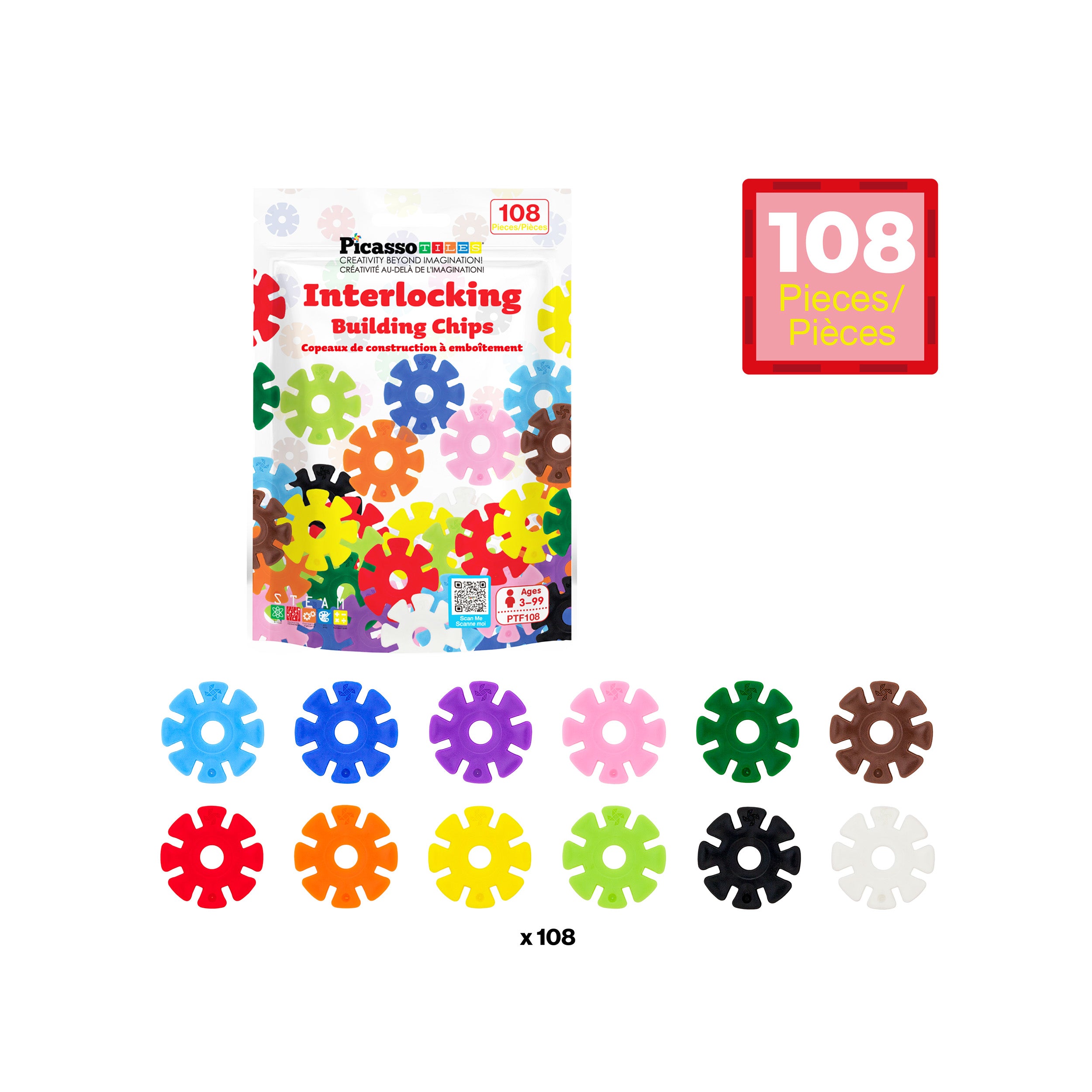 PicassoTiles 108pc Interlocking Disc Building Chips 12 Colors
