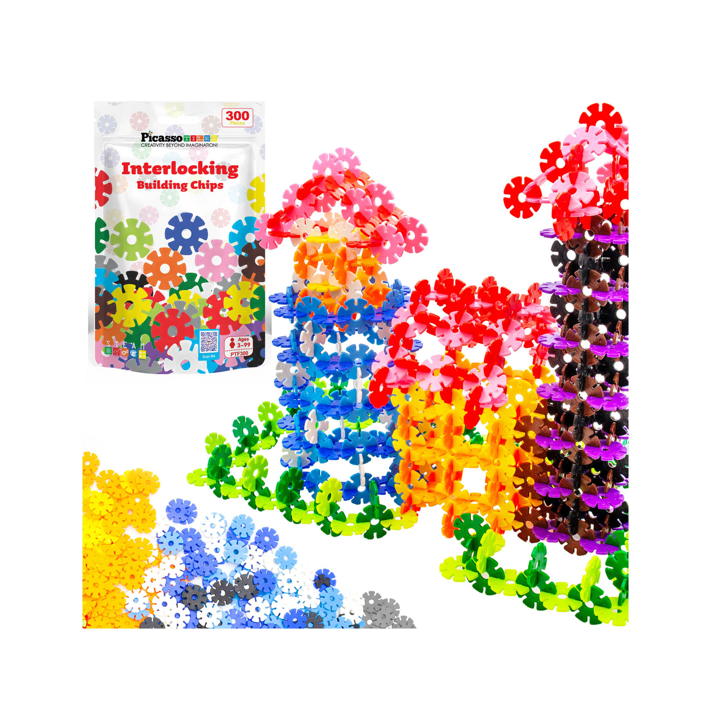 PicassoTiles 300pc Building Chips Interlocking Disc Construction Blocks