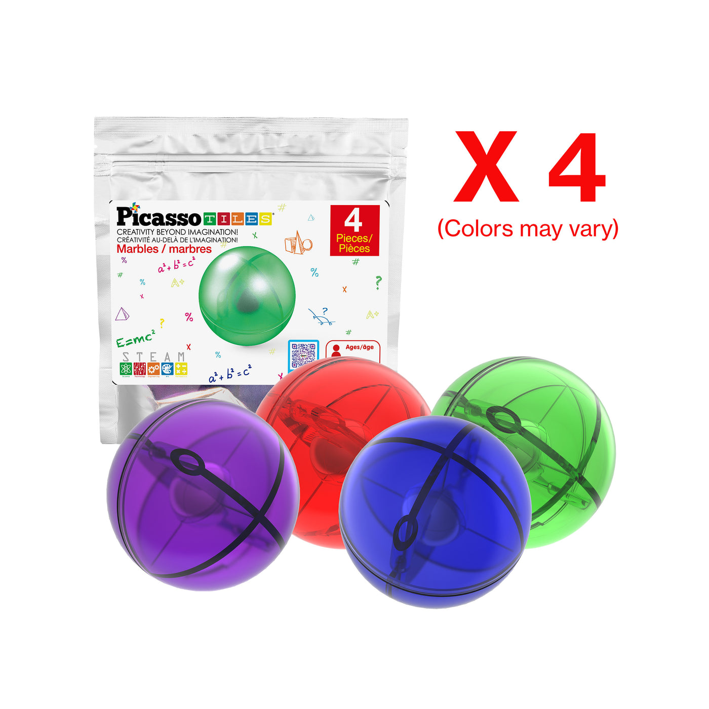 PicassoTiles 4pc Marbles for Racetrack Run Building Blocks