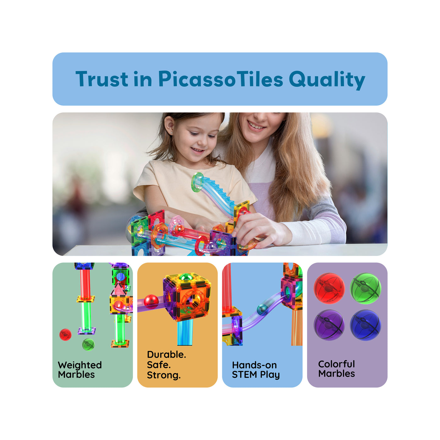 PicassoTiles 4pc Marbles for Racetrack Run Building Blocks