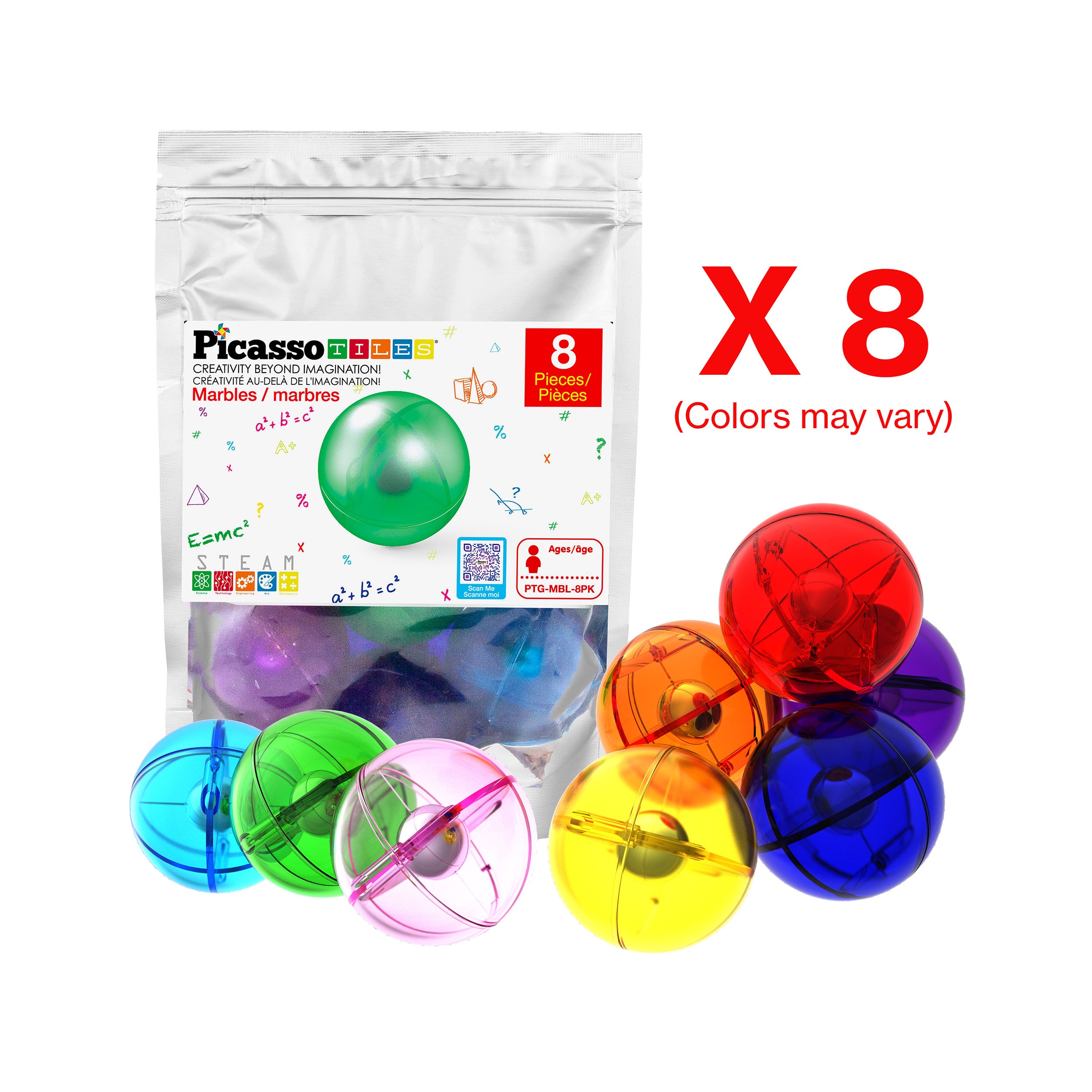 PicassoTiles 8pc Marbles for Track Run Building Blocks