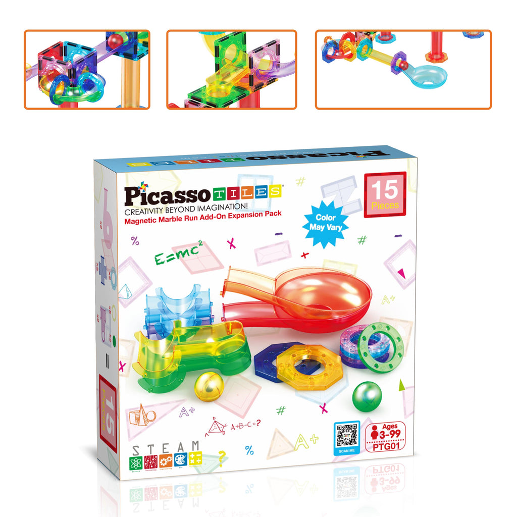 PicassoTiles 15pc Magnetic Marble Run Add On Expansion Pack for Magnet