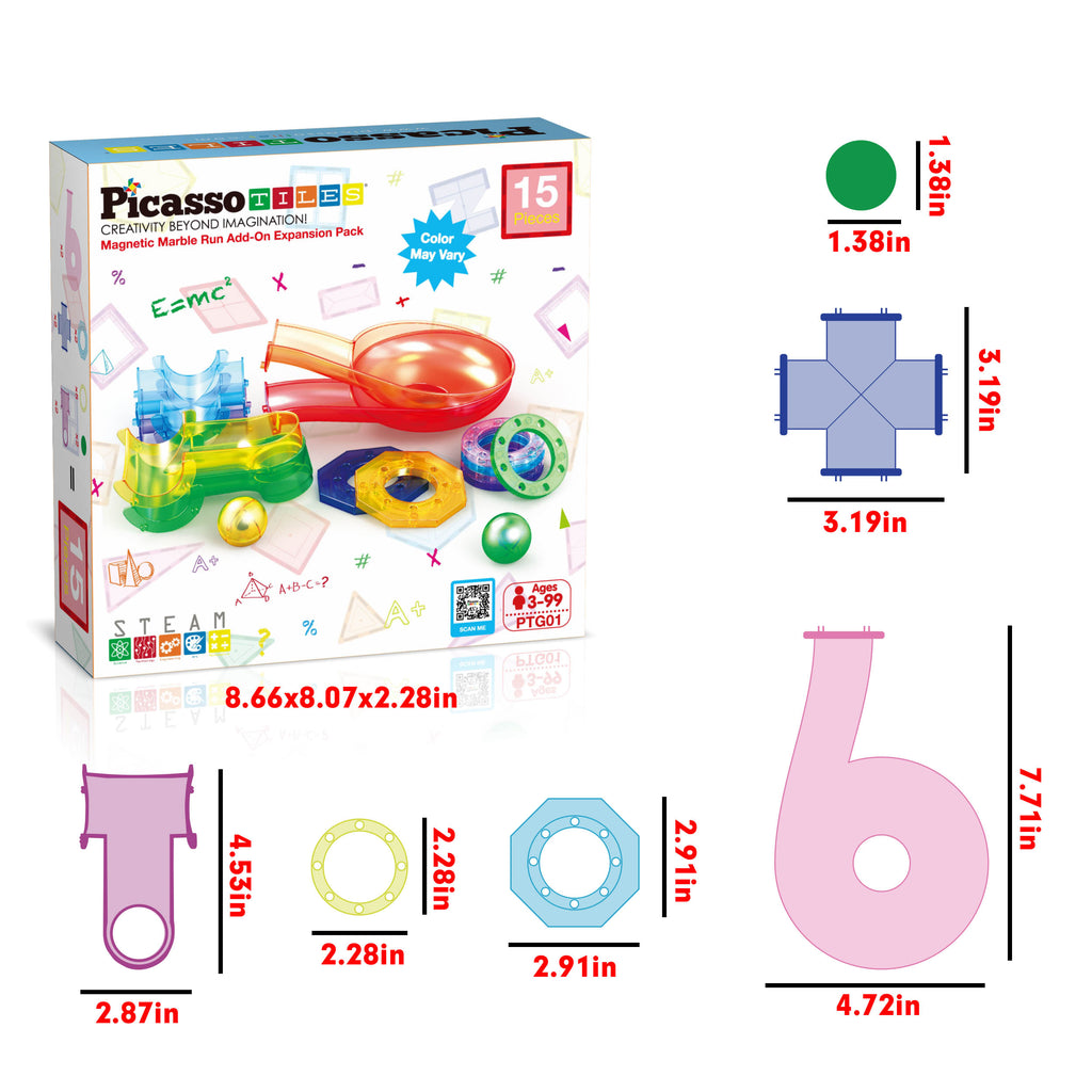 PicassoTiles 15pc Magnetic Marble Run Add-On Expansion Pack for Magnet