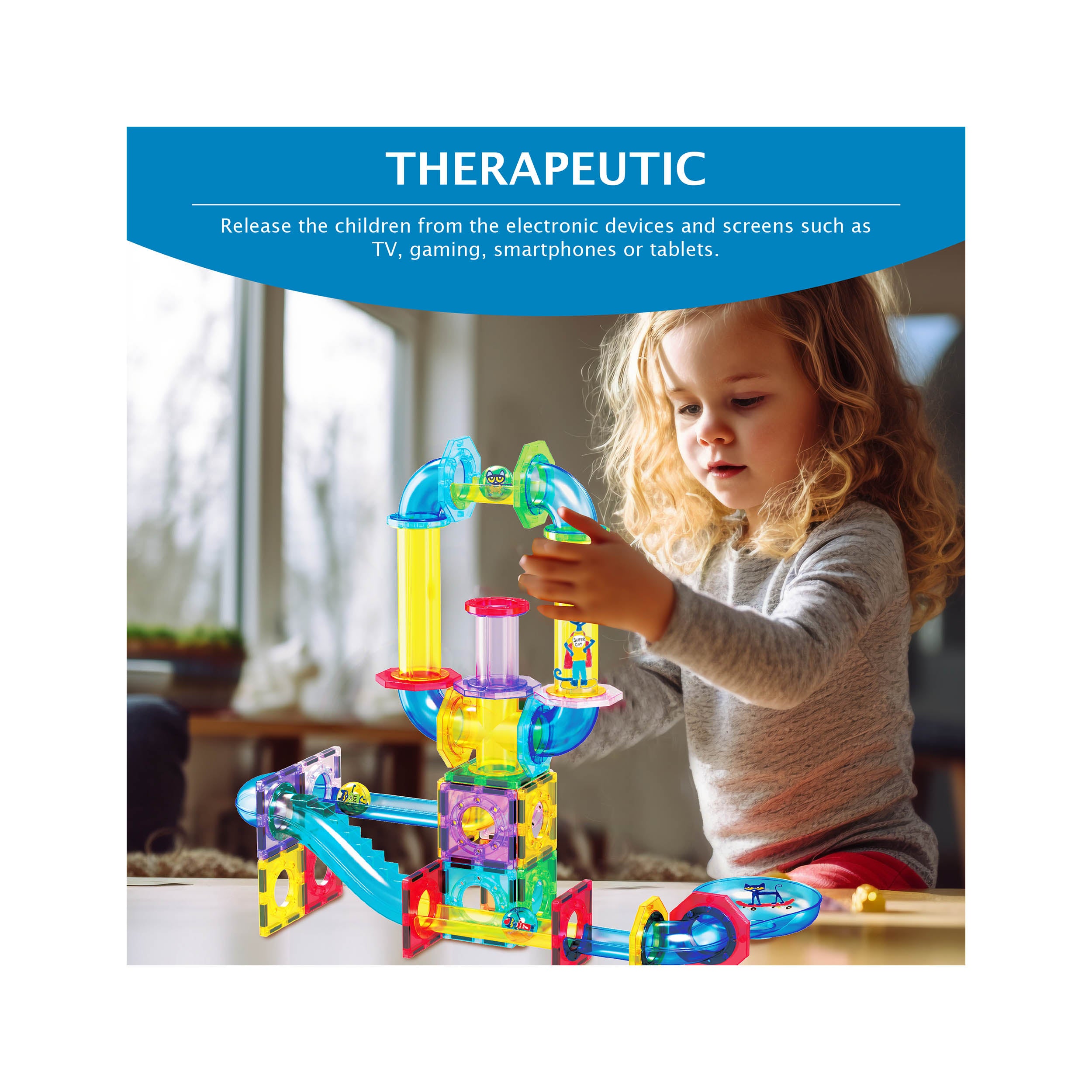 PicassoTiles Pete the Cat Magnetic Marble Run Playset - 62 Pieces