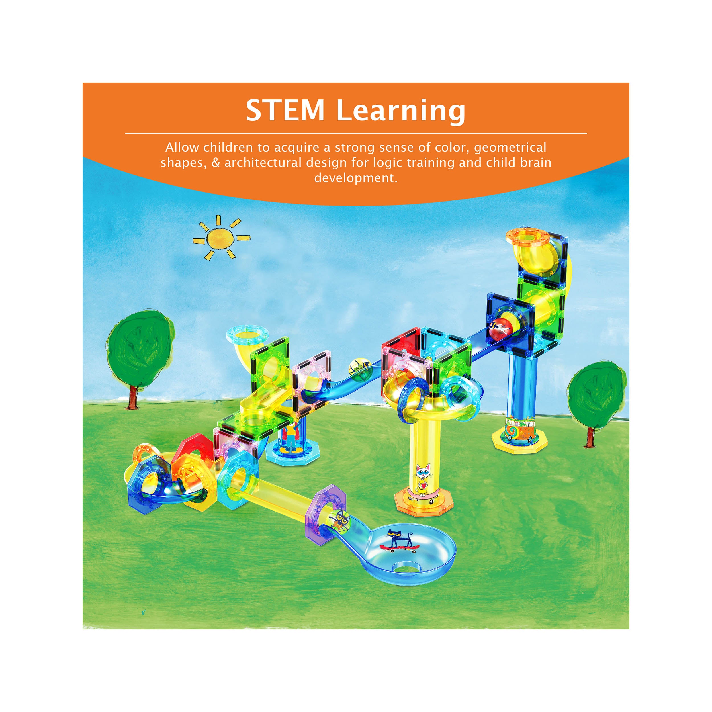 PicassoTiles Pete the Cat Magnetic Marble Run Playset - 62 Pieces