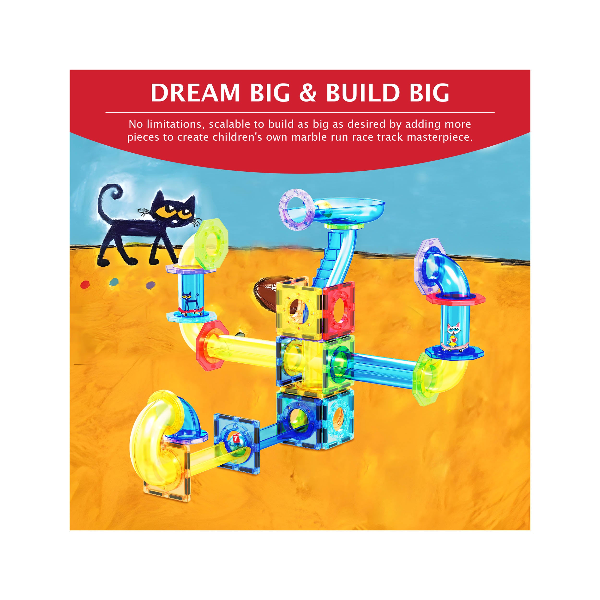 PicassoTiles Pete the Cat Magnetic Marble Run Playset - 62 Pieces