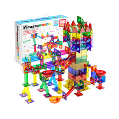 Intricate 3D magnetic marble run built from 100 piece PicassoTiles set with colorful marbles, slides, funnels, and toy blocks for STEM play.