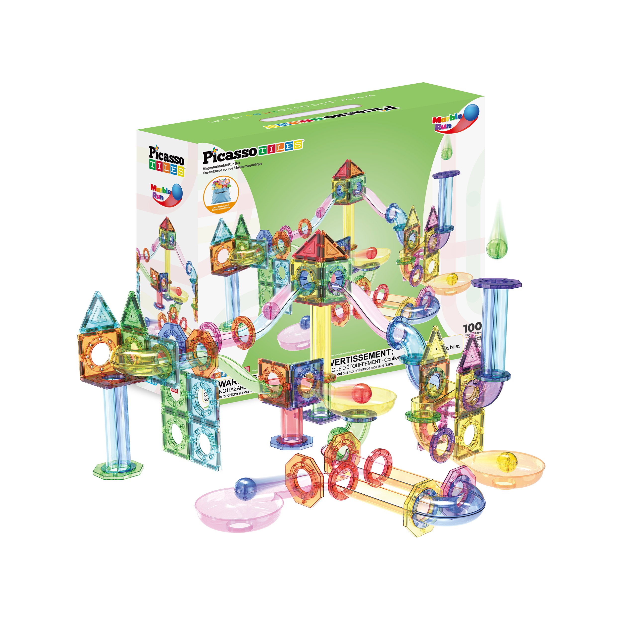 PicassoTiles magnetic marble run playset with translucent tubes, colorful tiles, glowing balls, and packaging box.