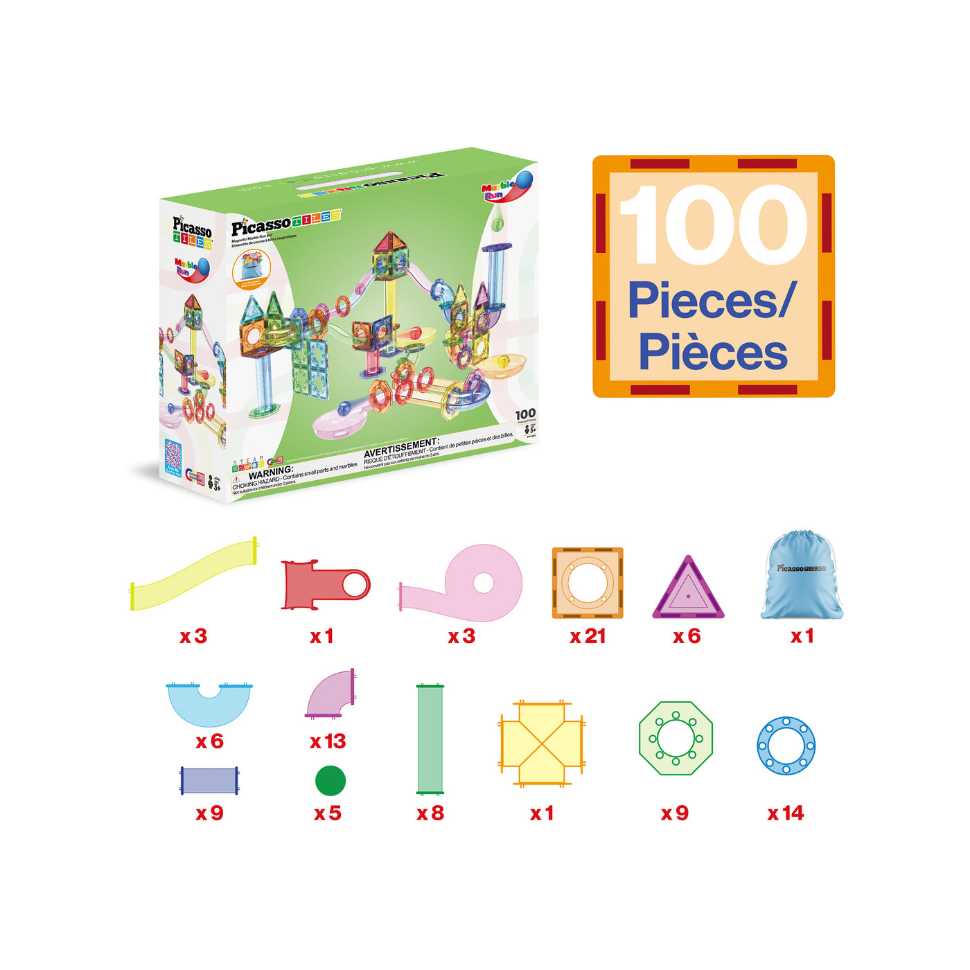 PicassoTiles 100-piece magnetic marble run playset piece breakdown diagram with packaging box.