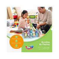 Father and young girl playing with a magnetic marble run playset on a play mat below "Bonding By Playing" text and developmental feature icons.
