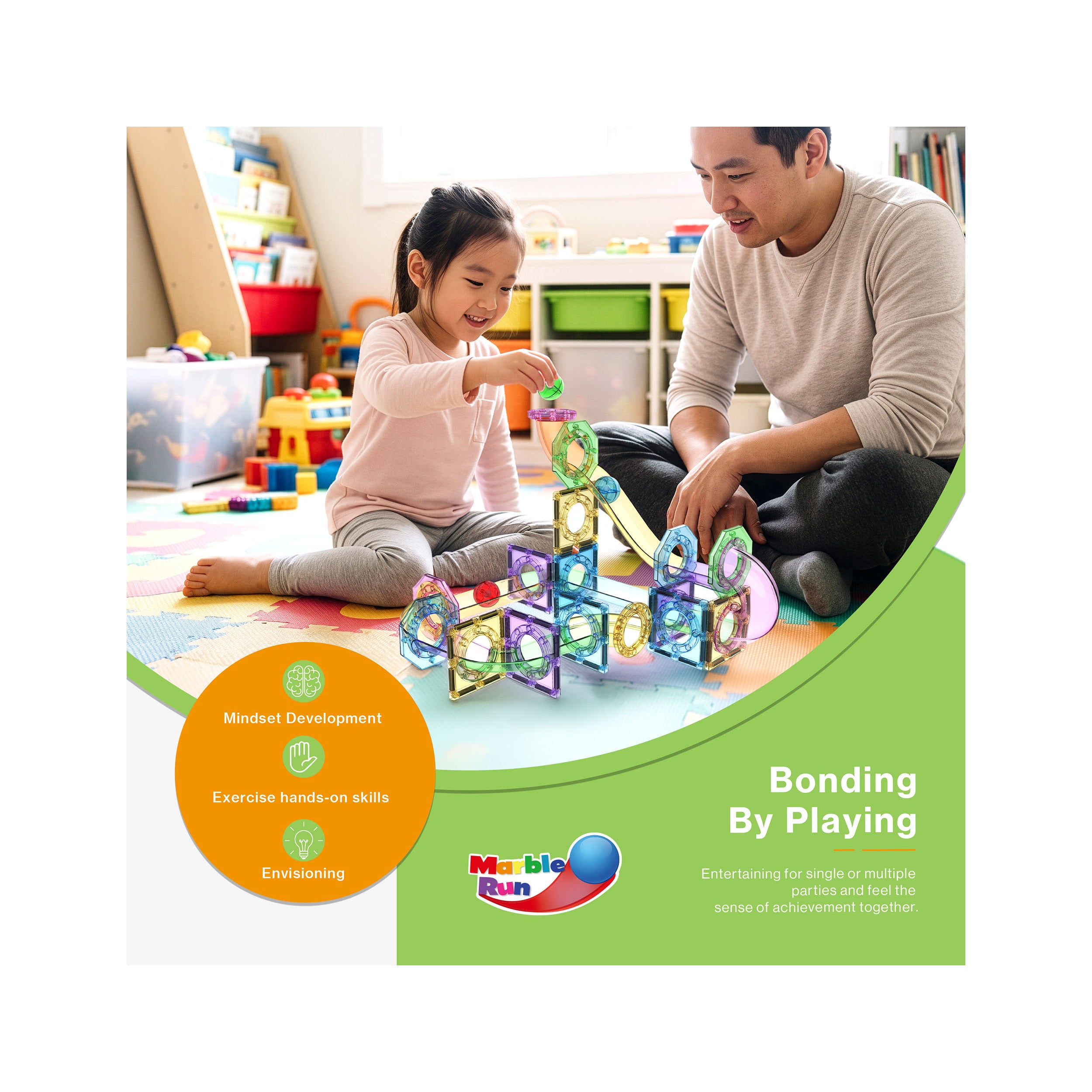 Father and young girl playing with a magnetic marble run playset on a play mat below "Bonding By Playing" text and developmental feature icons.