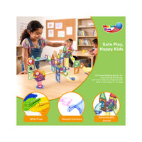 Girl playing with a magnetic marble run set above BPA-free, rounded corners, and structural durability badges.
