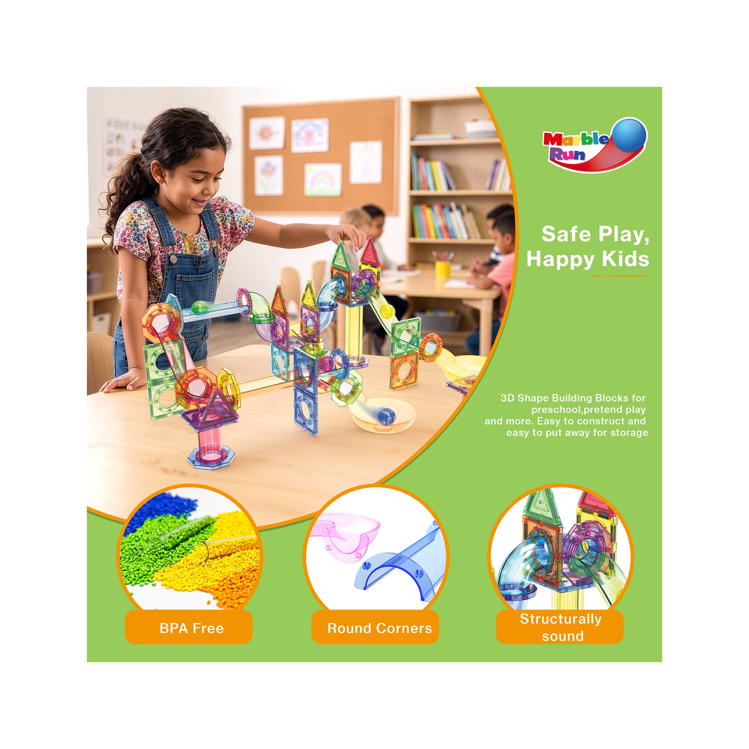 Girl playing with a magnetic marble run set above BPA-free, rounded corners, and structural durability badges.