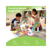 Two children playing with a magnetic marble run set below "Creativity Beyond Imagination" and STEM icons.