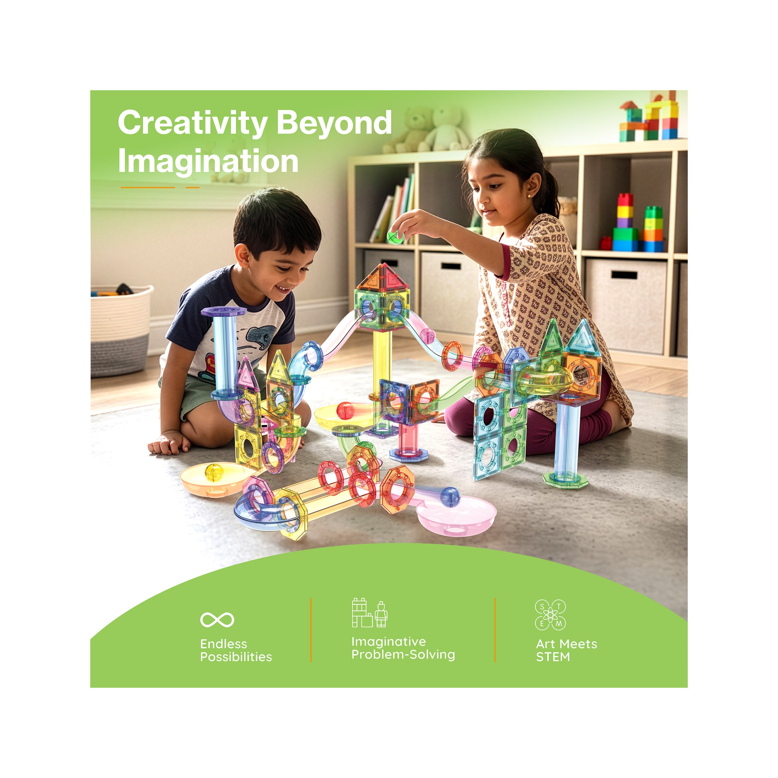 Two children playing with a magnetic marble run set below "Creativity Beyond Imagination" and STEM icons.