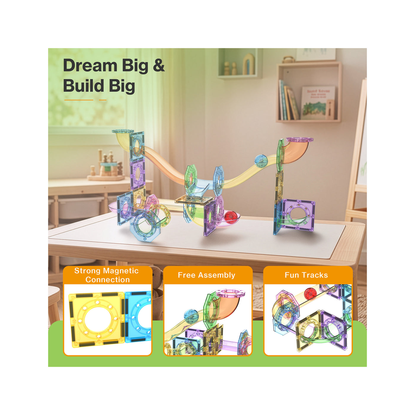Magnetic marble run set on a table under "Dream Big & Build Big" with magnetic connection feature panels.