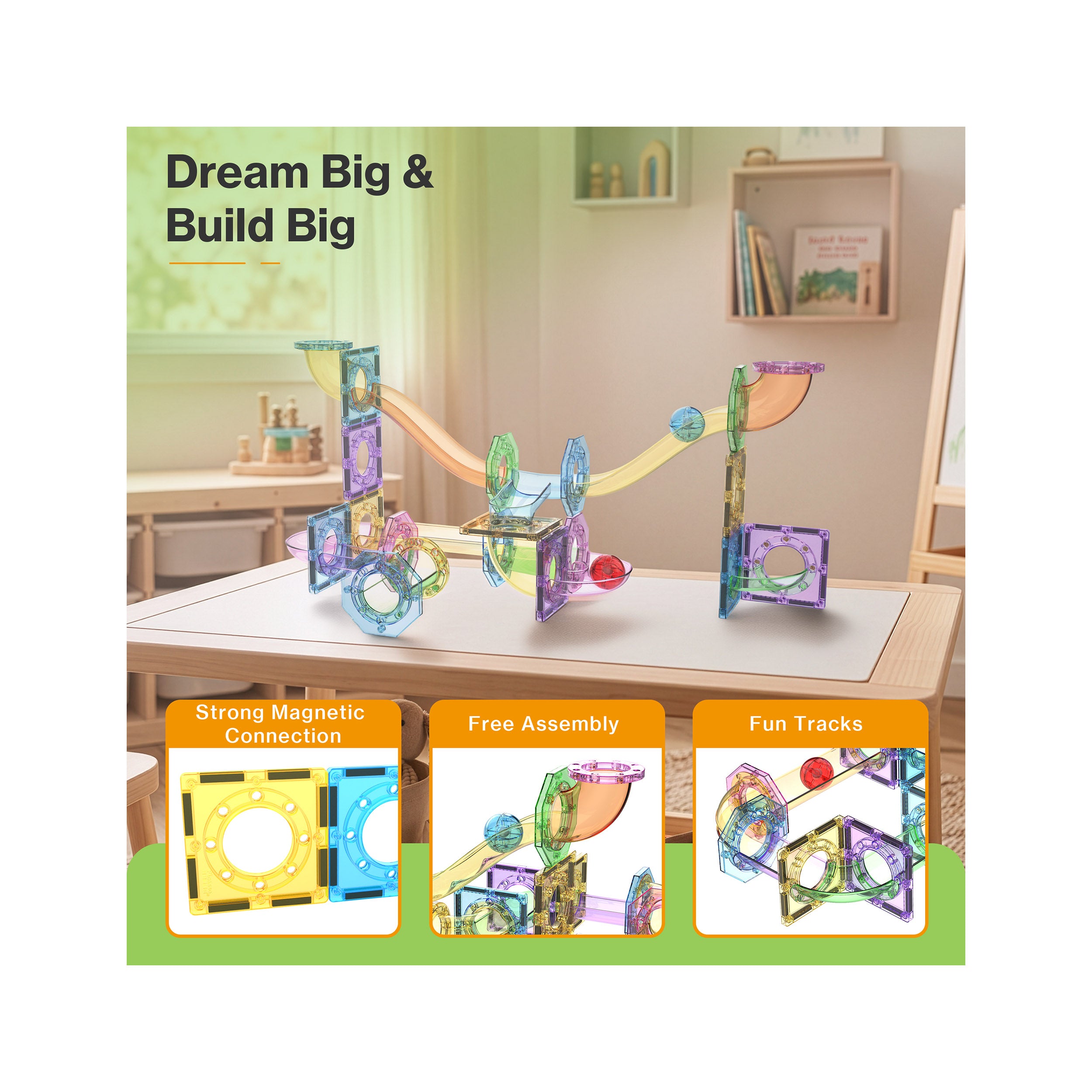 Magnetic marble run set on a table under "Dream Big & Build Big" with magnetic connection feature panels.
