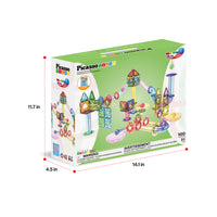 PicassoTiles 100-piece magnetic marble run box with product dimensions (11.7 in x 14.1 in x 4.5 in).