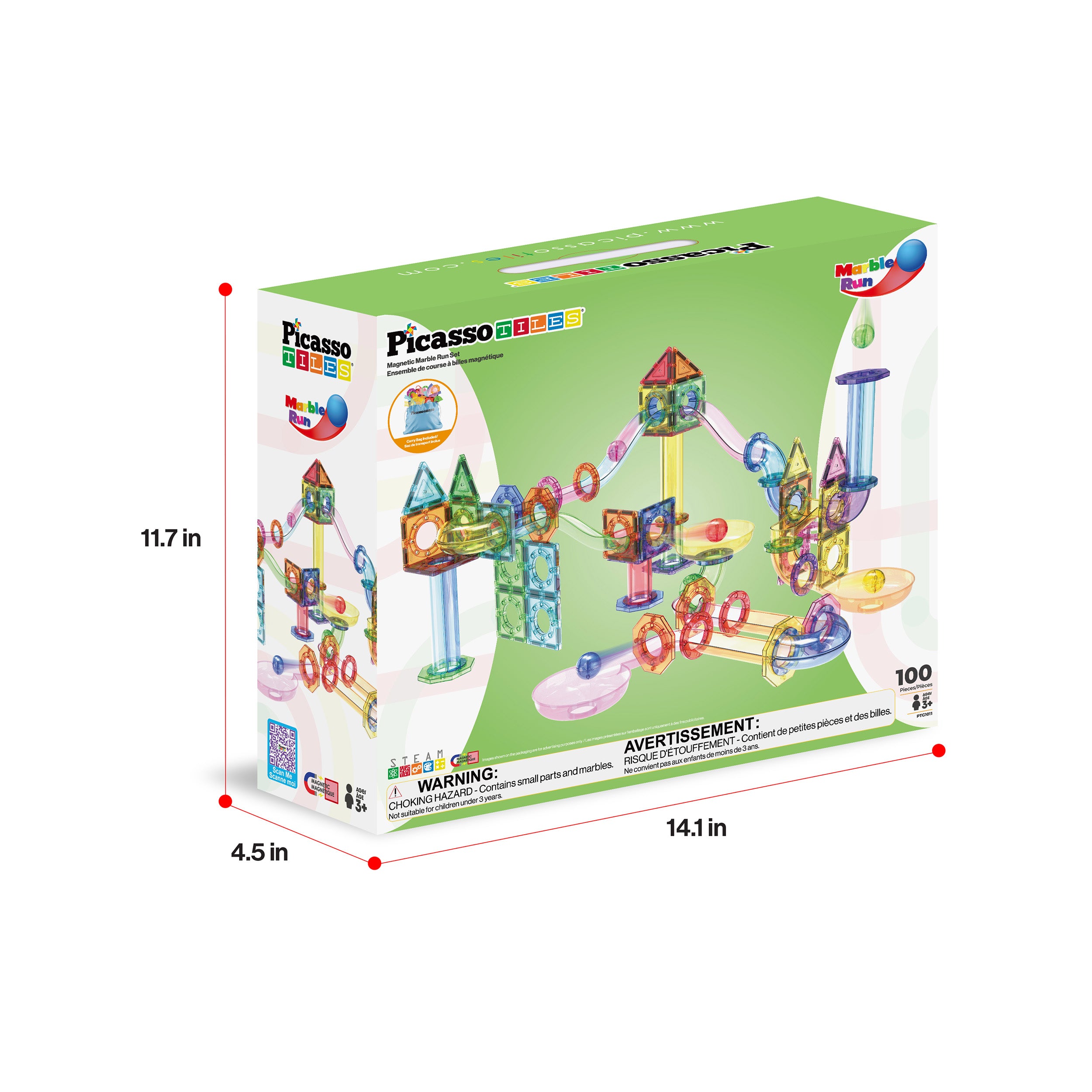 PicassoTiles 100-piece magnetic marble run box with product dimensions (11.7 in x 14.1 in x 4.5 in).