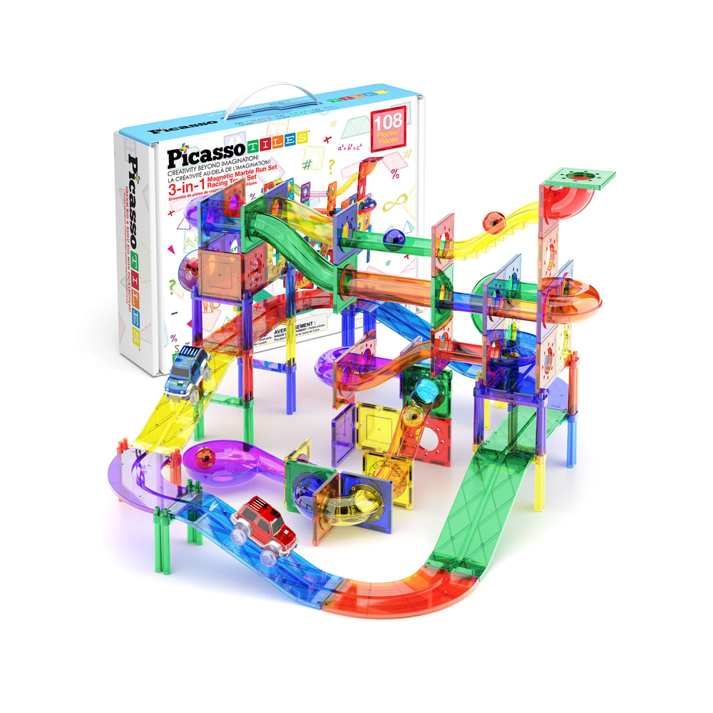 Colorful magnetic tiles assembled into a multi-level marble run and race track with LED cars, showcasing dynamic STEM play.