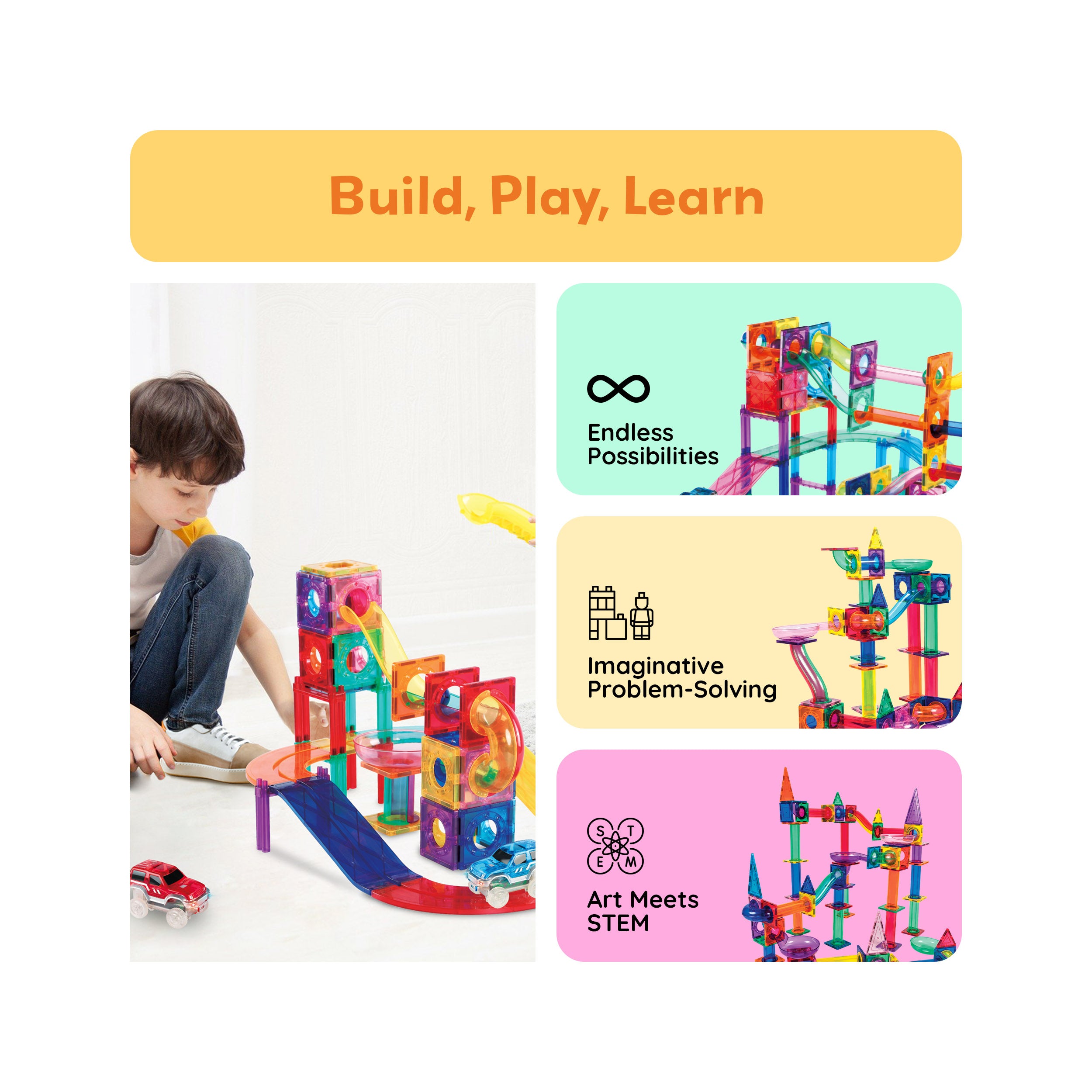 PicassoTiles 108pc Magnetic Tiles Marble Run Race Track Set