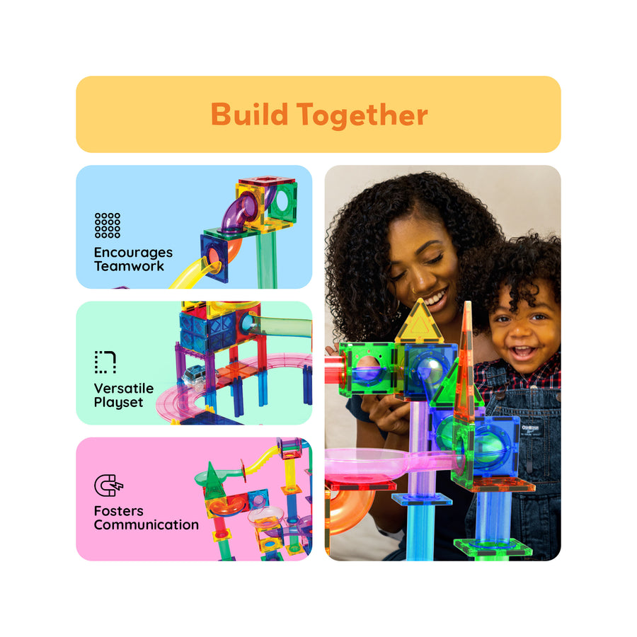 PicassoTiles 3-in-1 Magnetic Tile, Marble Run and Race Car Track Building Set